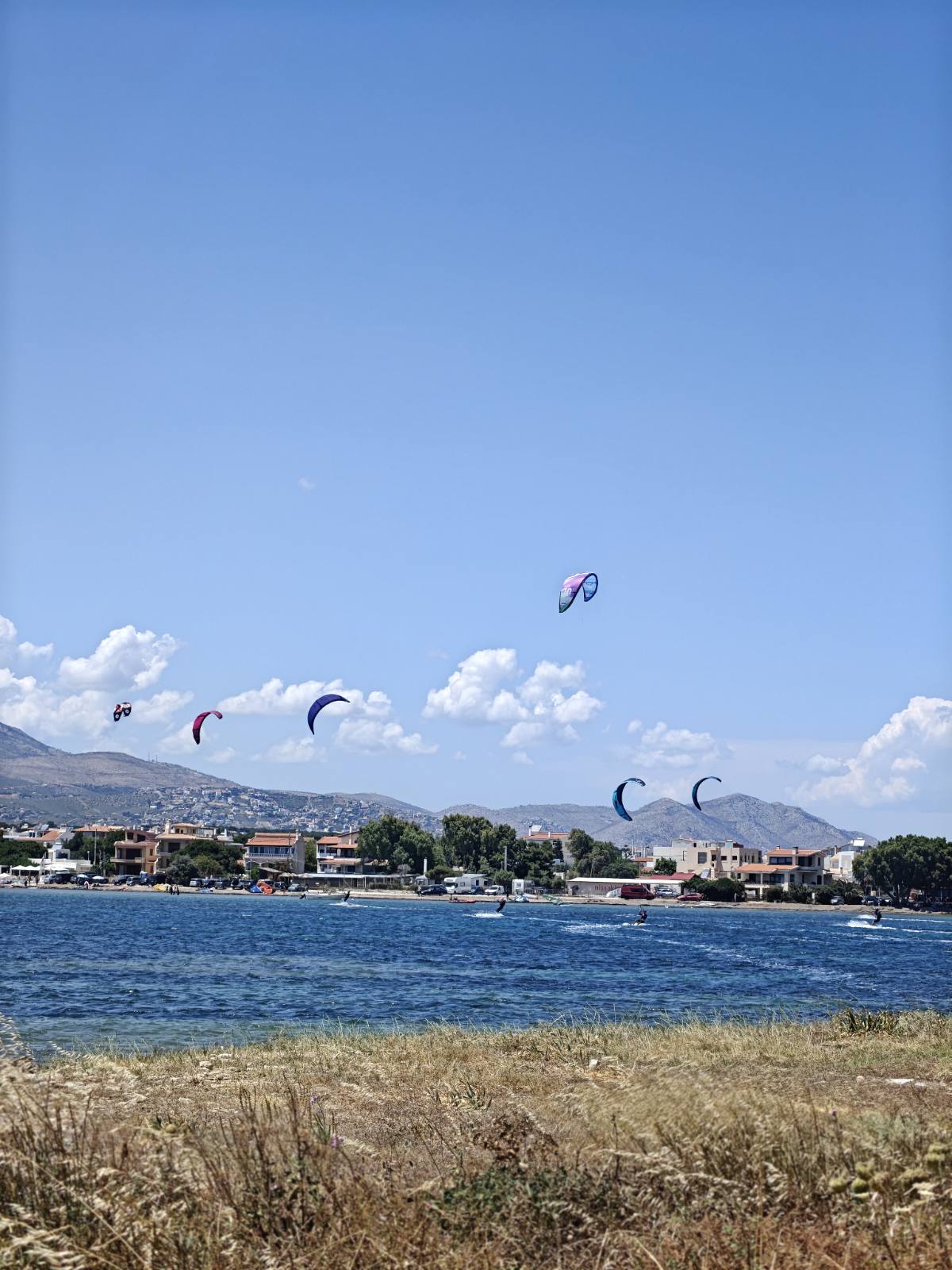 Panoramic view of kitesurfing at Nissakia, Loutsa near Athens